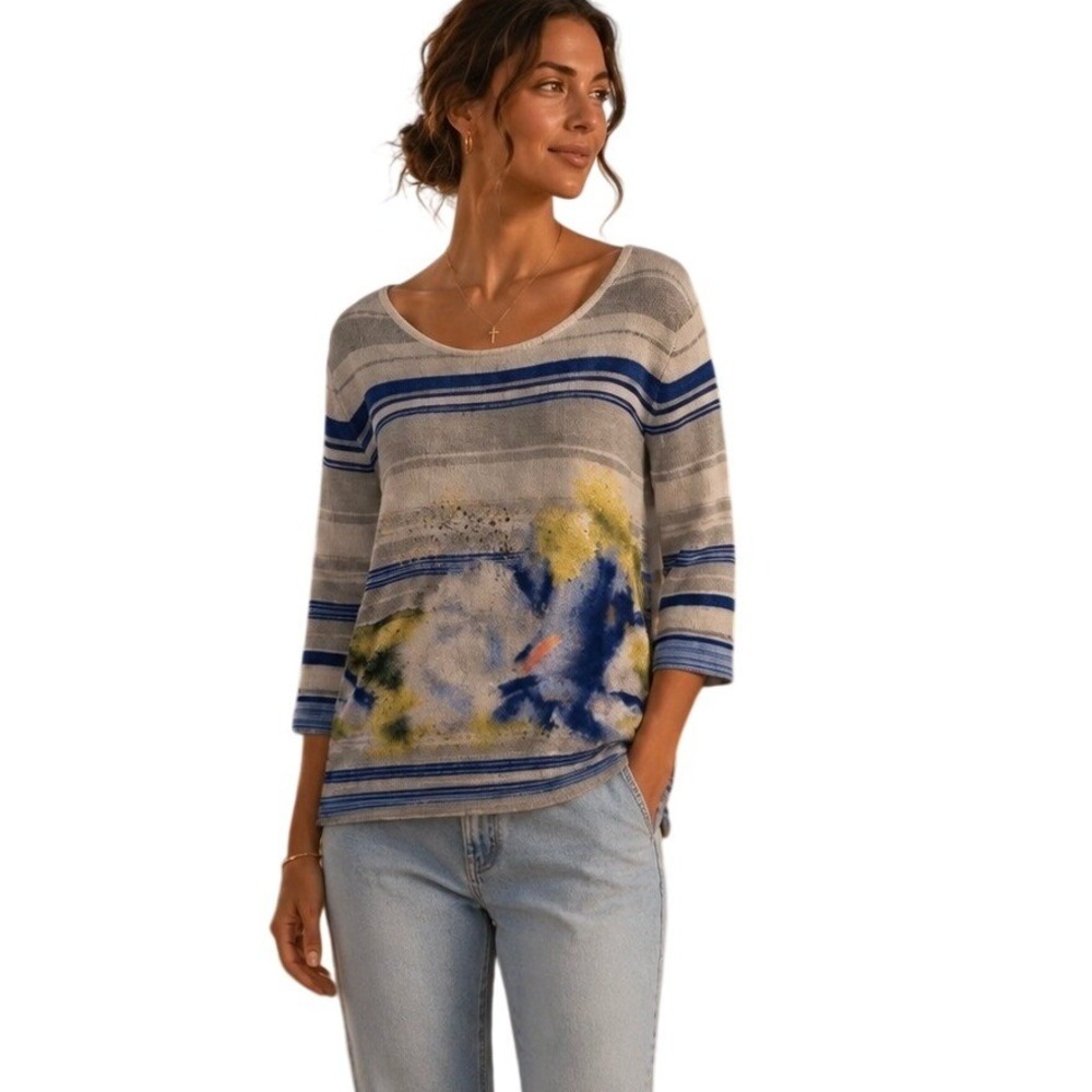 Anthropologie Troubadour‎  Artsy Felted Stripe Sweater Floral Small